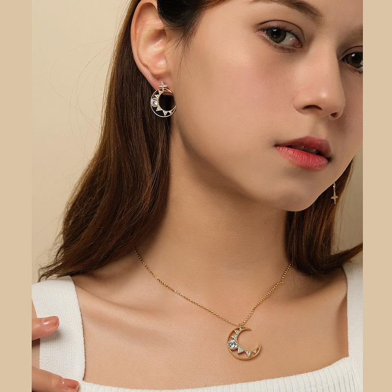 APM Monaco Earrings Asymmetrical Moon Front and Back Wear with Pendant Chain, Full Diamond Zircon, Elegant and Exquisite, 925 Silver AE12392OXY