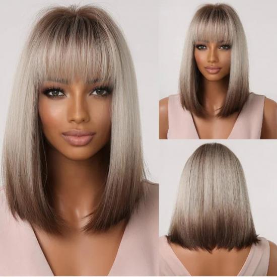 Blonde Silky Straight Synthetic Wigs with Bangs Medium Long Natural Platinum Wig for Women Cosplay Heat Resistant