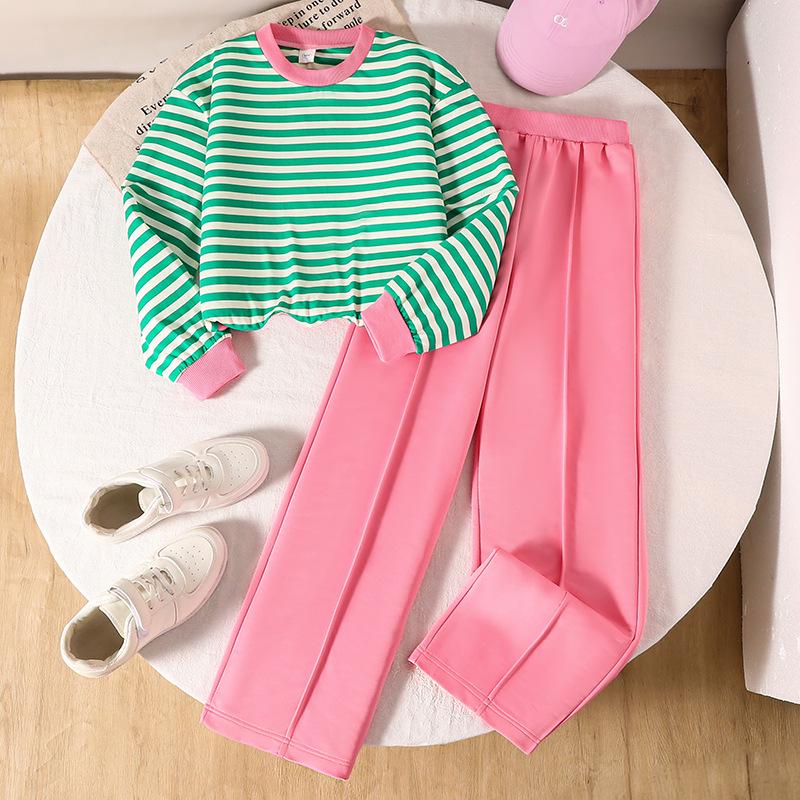 Kids  Striped Hoodie & Wide-Leg Pants Set - Spring Fashion for Boys & Girls 130cm=8Y