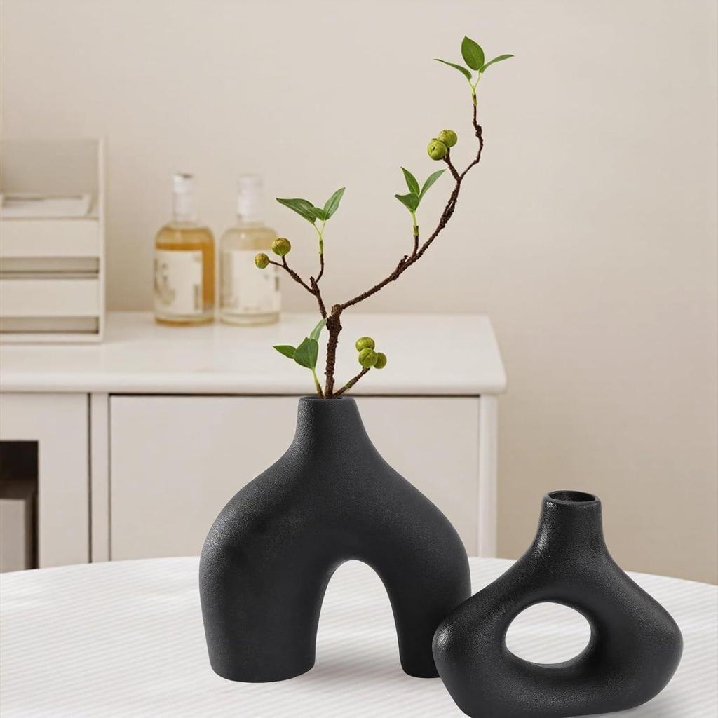 Abstract Black Ceramic Donut Vase 5.4 & 7.7 Inch - Set of 2 | Decorative Unique Modern Vase for Dried Flowers & Pampas Grass