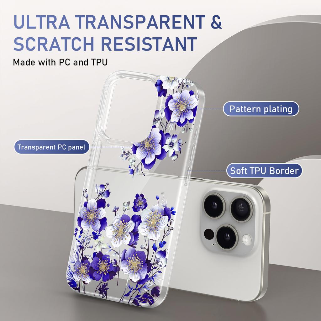 Hot Clear Luxury Design Electroplate Laser Flower Shockproof Mobile Cell Phone Case for iPhone 17 16 15 14 Plus 13 12 11 Pro Max