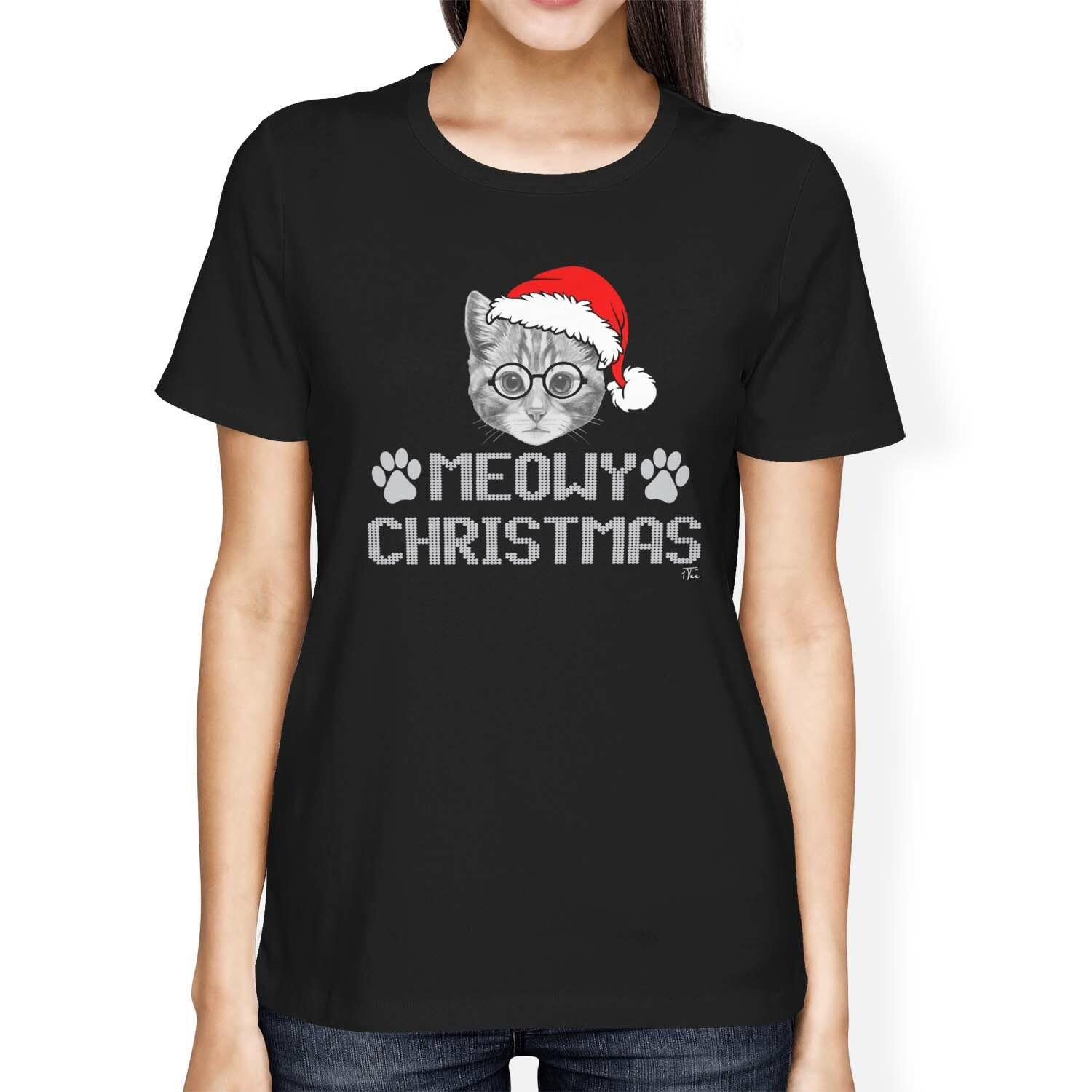 1Tee Womens Loose Fit Meowy Christmas Cat Christmas T-Shirt L