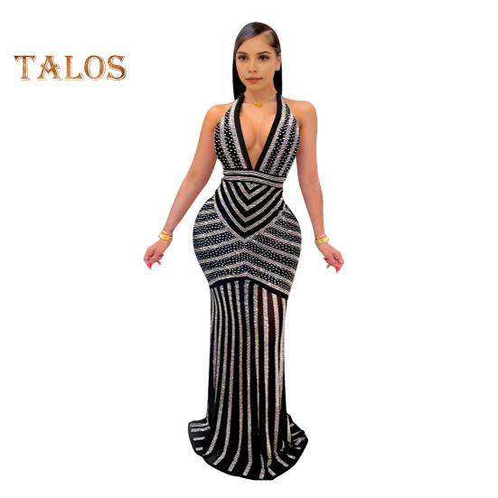 

Женское вечернее платье с глубоким V-образным вырезом, бретелькой через шею, в полоску, с отделкой из мерцающих стразов, с открытой спиной, с открытыми плечами, длинное коктейльное платье для выпускного вечера S чёрный