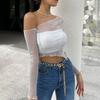 Fashion Spring/Summer One-Shoulder Cold-Shoulder Sexy Mesh See-through Crop-Top Short Top Nightclub Long Sleeves T-shirt Sun Protection Shirt Women
