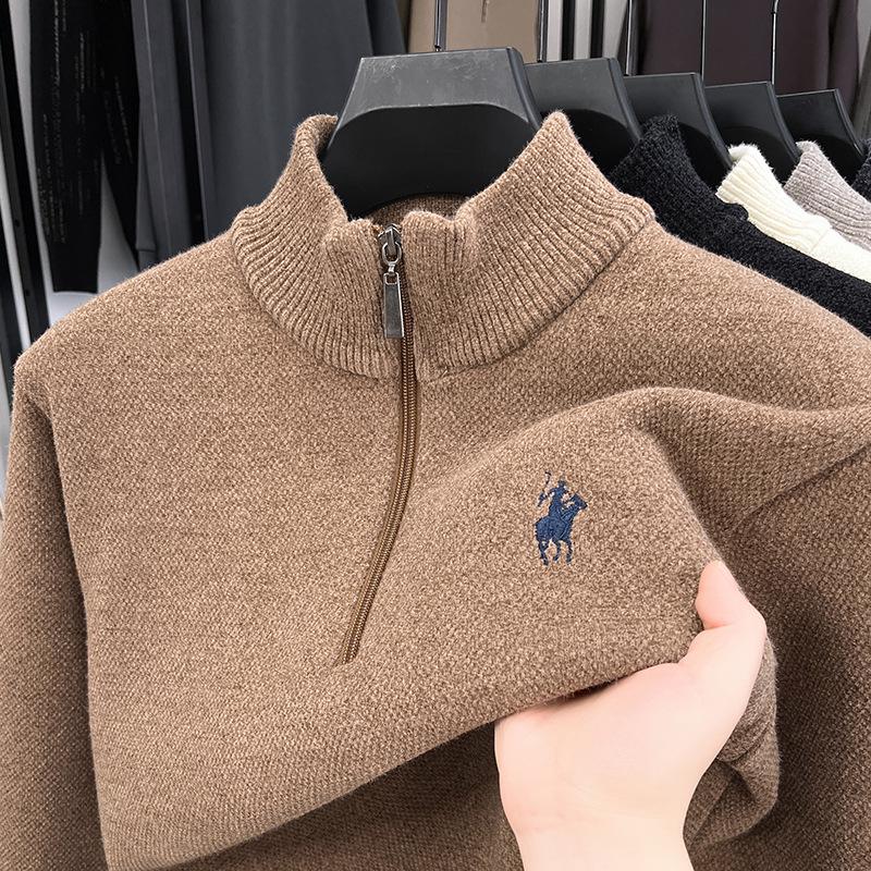 Men's Winter Embroidered Pony Logo Fleece Sweater - Semi-High Neck, Thick Knit