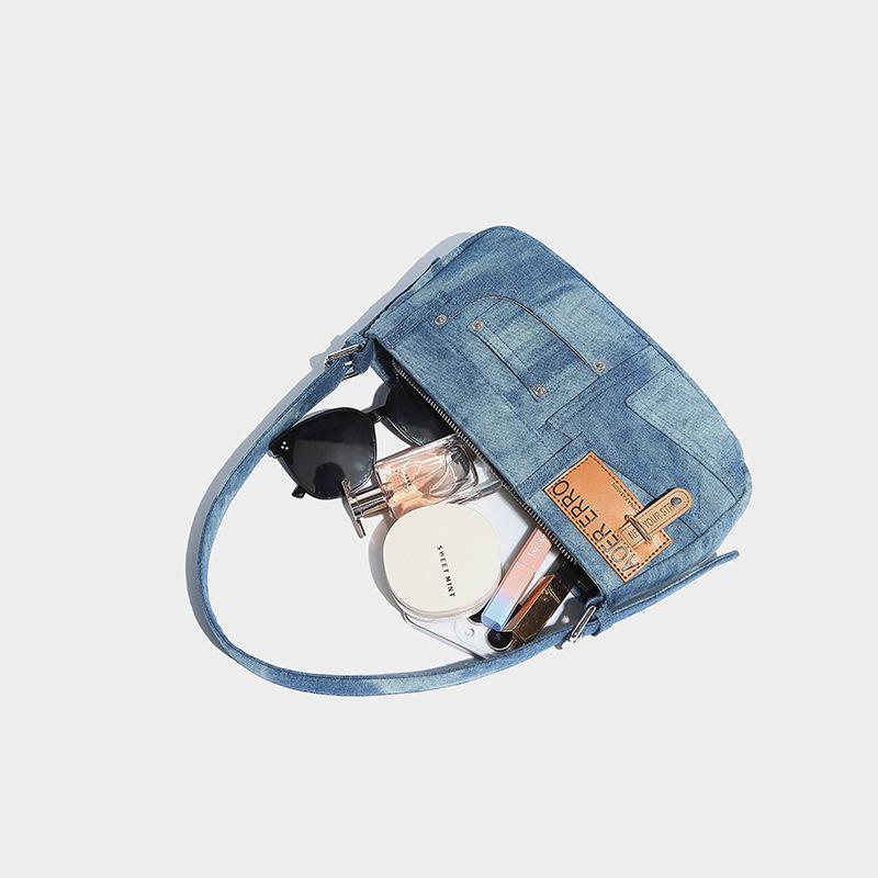 New Simple Trendy Single Shoulder Underarm Bag Retro Patchwork Denim Baguette Bag for Women Commuting Versatile Crossbody Handbag