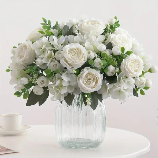 Yousheng Fake Roses Artificial Flower Bouquet Realistic Mixed Roses Peonies Dahlias with Stem for DIY Wedding Bridal Bouquet Baby Shower Home Table
