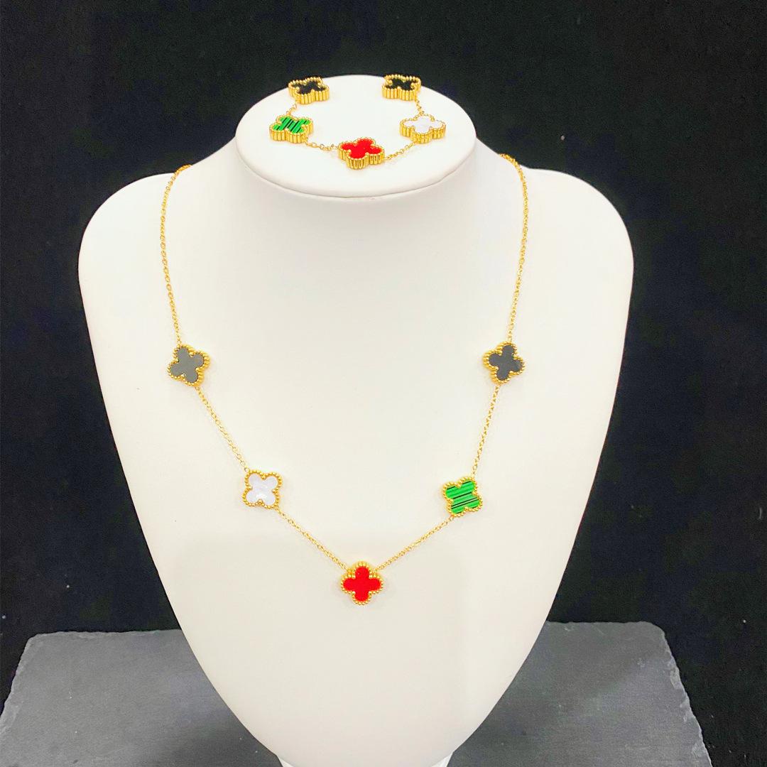 

2PCS двосторонній модний розкішний ювелірний браслет із титанової сталі Clover necklace+bracelet різнокольоровий