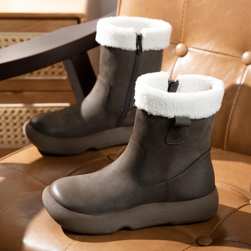 

Comfort Warm Fluffy Snow Boots Women Luxury Leather Sewing Side Zipper Designer Boots Vintage Brown Soft Leather Platform Boots 35 серый