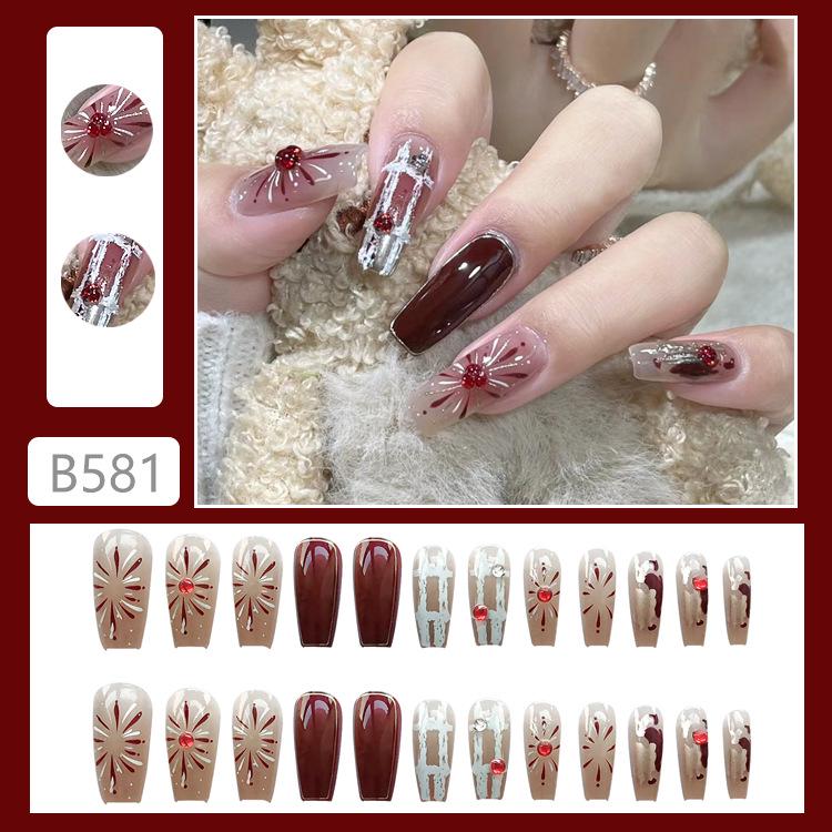 

B581 Блестящие красные наклейки для ногтей с глиттером «Бриллиант» – Долговечный носибельный дизайн «Фейерверк» для осени/зимы B581-Adhesive New Year Fireworks