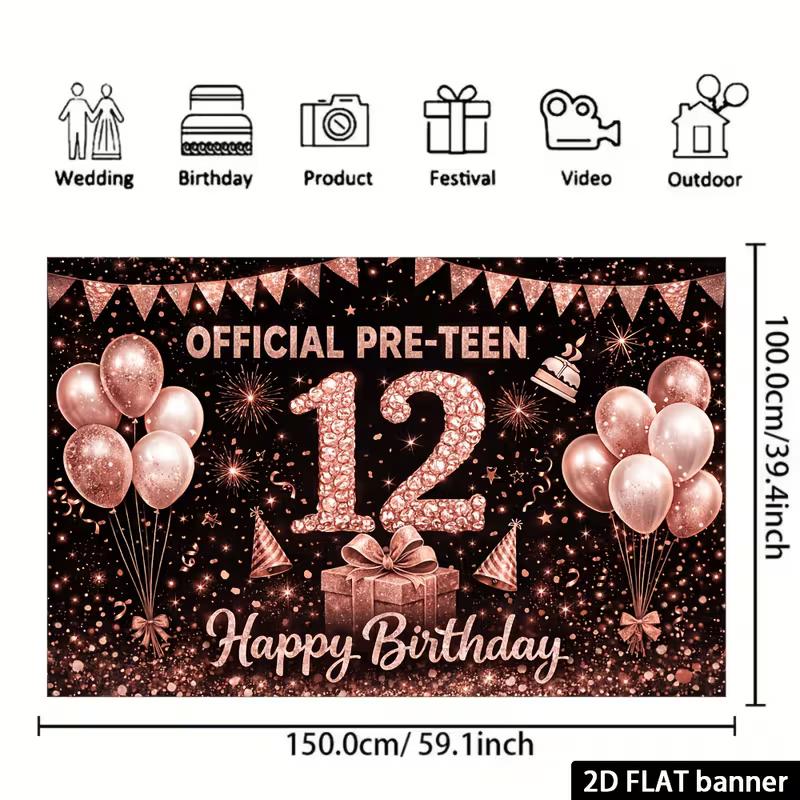 2D Rose Gold 12th Happy Birthday Backdrop Banner Official Pre-Teen Photography Background