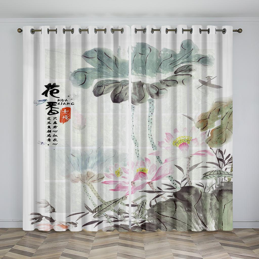 Chinese Style Natural Scenery Curtains Mountains Rivers Lakes Flowers Plants Elegant Curtains 2 Panels Living Room Bedroom Decor