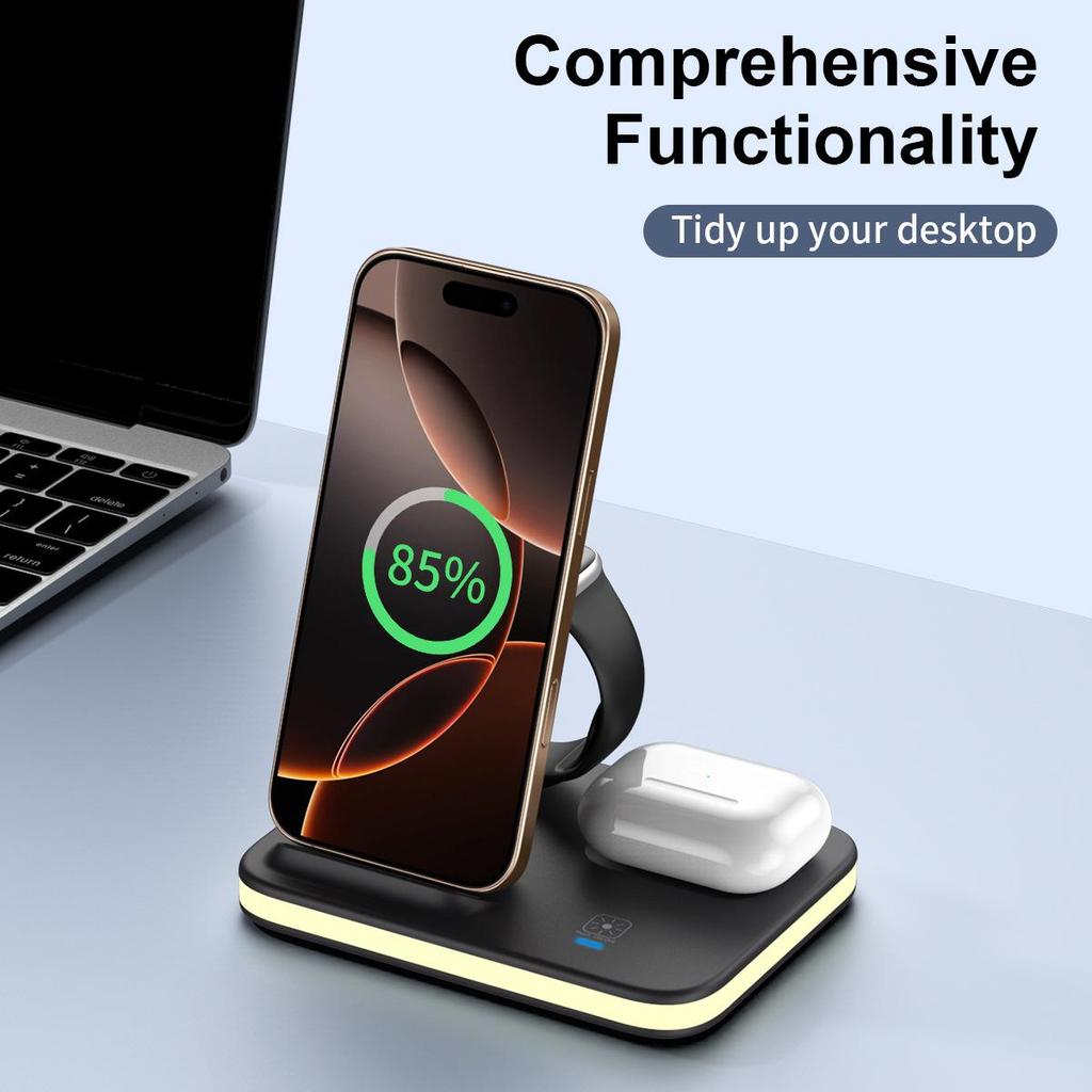 15W Foldable Magnetic Stand: 3-in-1 Wireless Charger for Phone, Watch & Earbuds