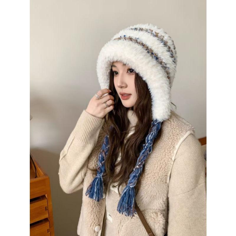 Winter new warm ear protection color rope plush hat women's plush thickened cycling pullover hat versatile windproof knitted wool