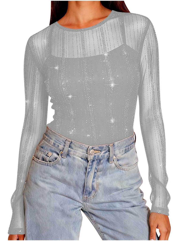 Women's High-Neck Sequin Long Sleeve Top - Spring/Autumn 2026, Stylish & Transparent Inner Layer