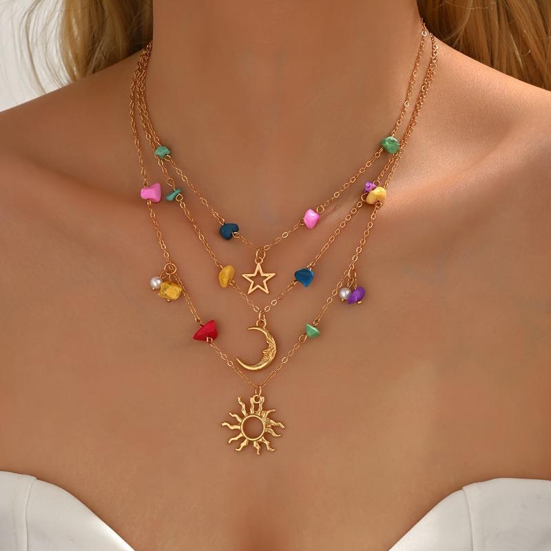 Bohemian Multi-Layer Gold Color Celestial Pendant Necklace with Colorful Stones Star & Moon Jewelry for Women