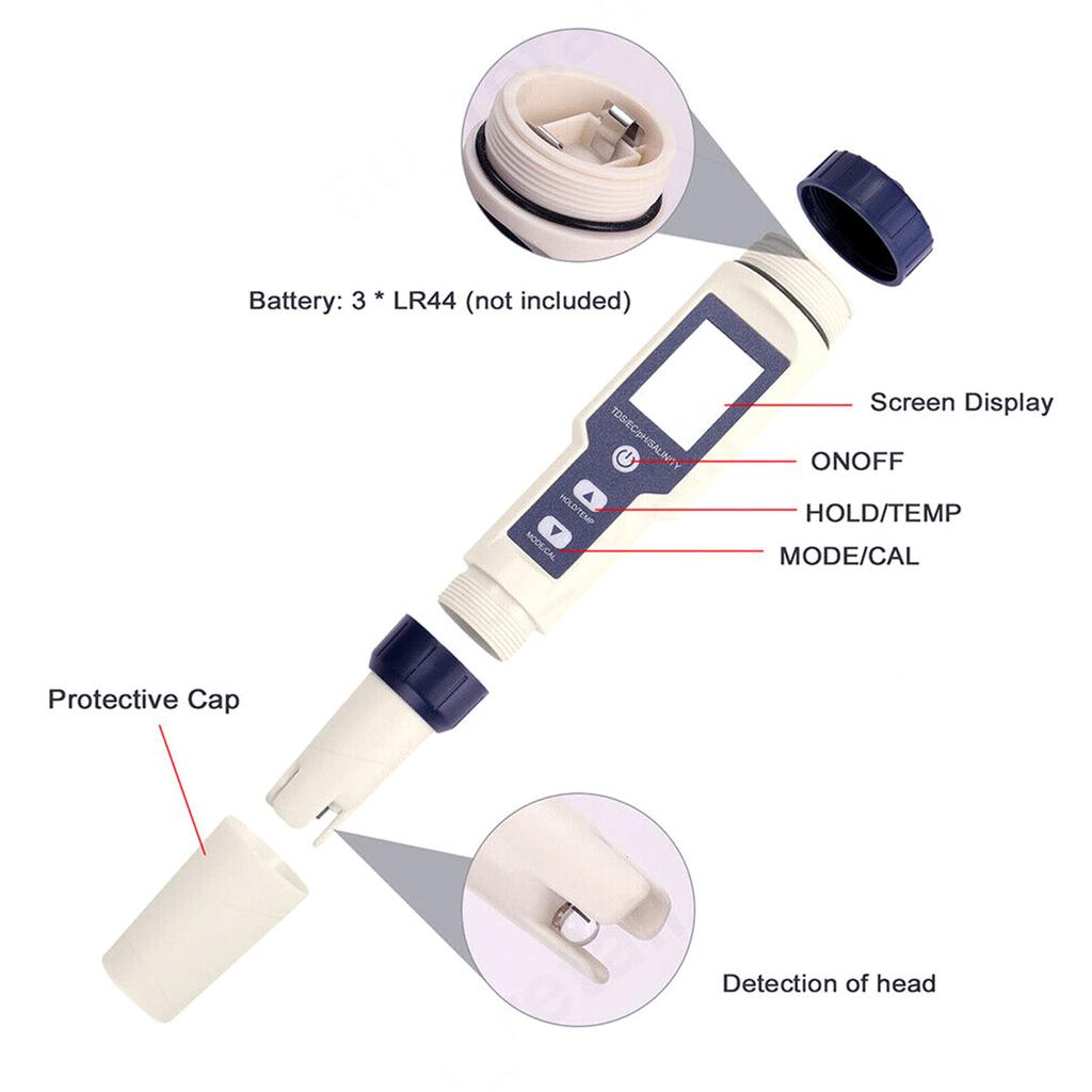 5 in 1 Water Tester Multi-functional Water Quality Tester LCD Digital pH Meter PH EC TDS Salinity Temp Test Tool for Hydroponics