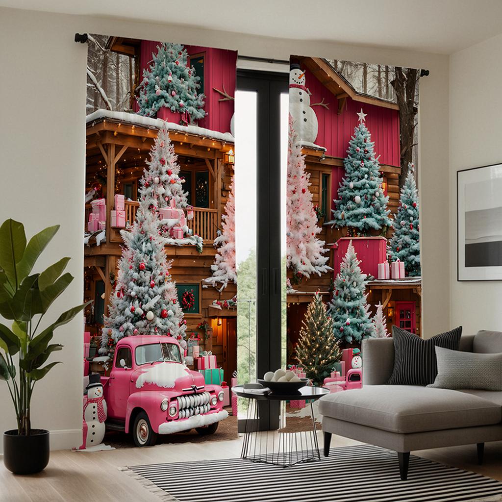 2pcs  Set HD Christmas Snow Tree Pink Truck Decorative Curtain Red Tie Digital Printed Curtain Home Decoration Style Decorate