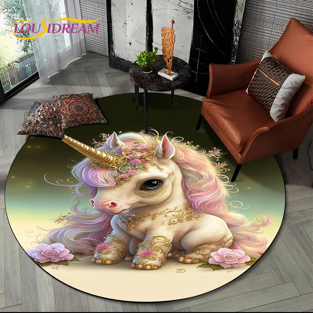 3D Cute Unicorn Cartoon Girl Gift Round Carpet Rug for Living Room Bedroom Child Playroom Decor,Pet Area Rug Non-slip Floor Mat