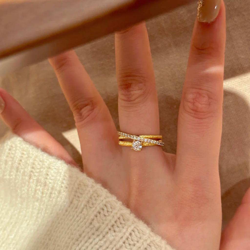 Italian High-End Roaming Interstellar Brushed Ring Light Luxury Exquisite Three-Layer Surround Cross Micro-Inlaid Women'S Ring