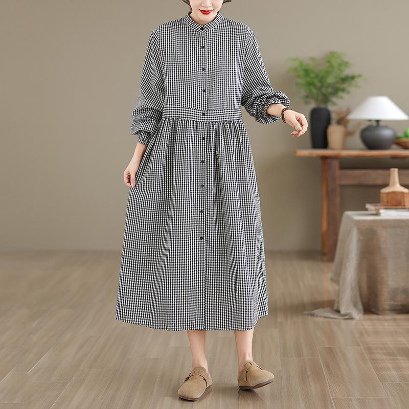 Spring Plaid Linen Dress: Women's Retro Long Sleeve Design Skirt