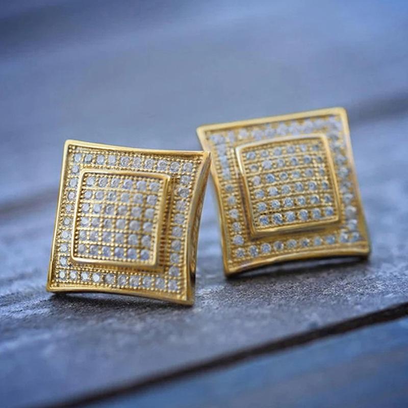 Huitan Fashion Women Stud Earrings Gold Color Inlaid Bright Cubic Zirconia Charming Party Daily Accessories Versatile Jewelry