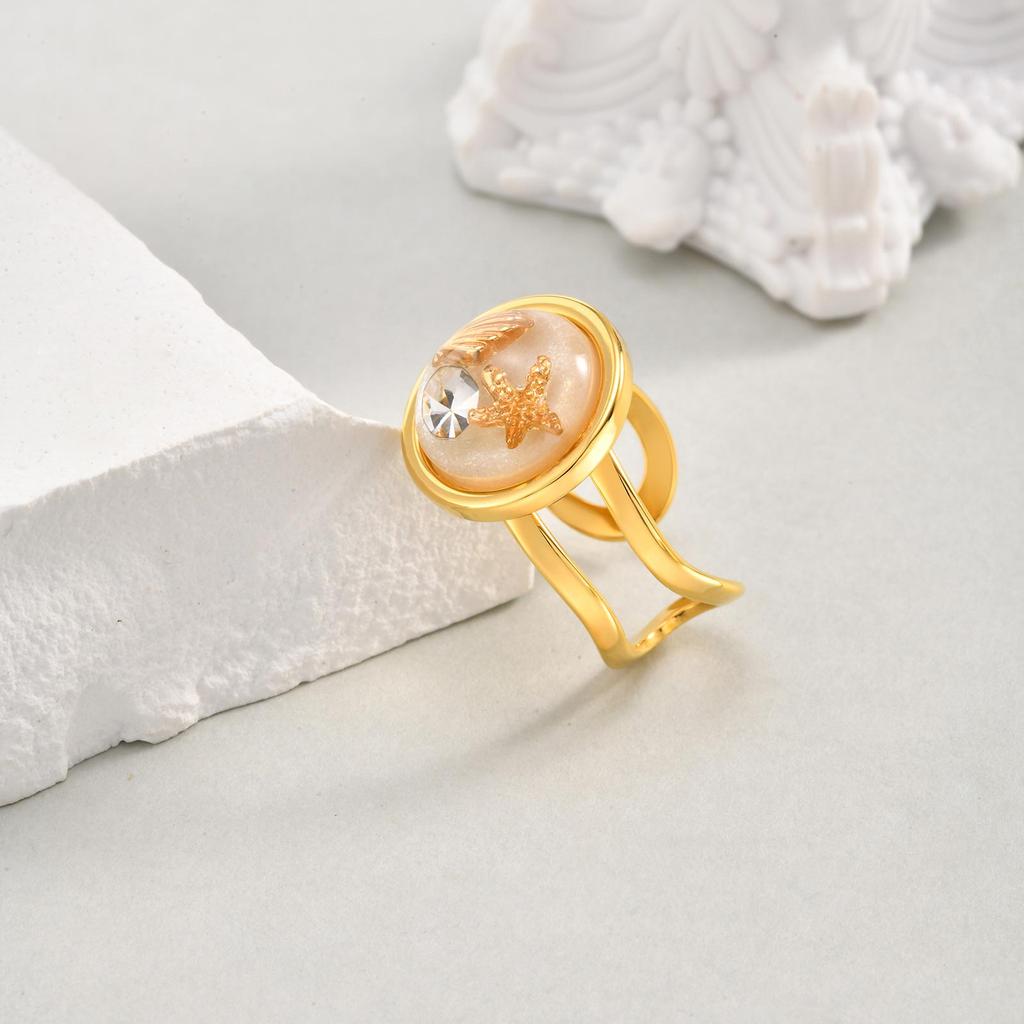 Chic Round Resin Opening Ring for Women,Gold Plated Stainless Steel Rings,Marine Style Set Jewelry Gifts