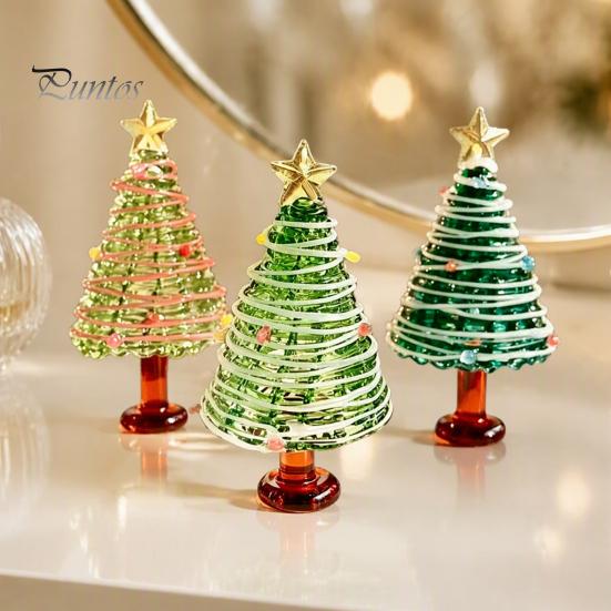 Decorative Glass Tree with Star Glazed Christmas Figurine, Colorful Miniature Xmas Decor, Handcrafted Decoration Table Centerpiece for Home