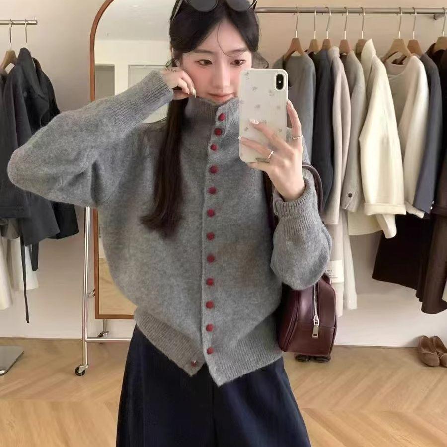 2024 A/W Women's High Neck Knit Cardigan - Single-Breasted, Solid Color, Loose Fit Sweater.