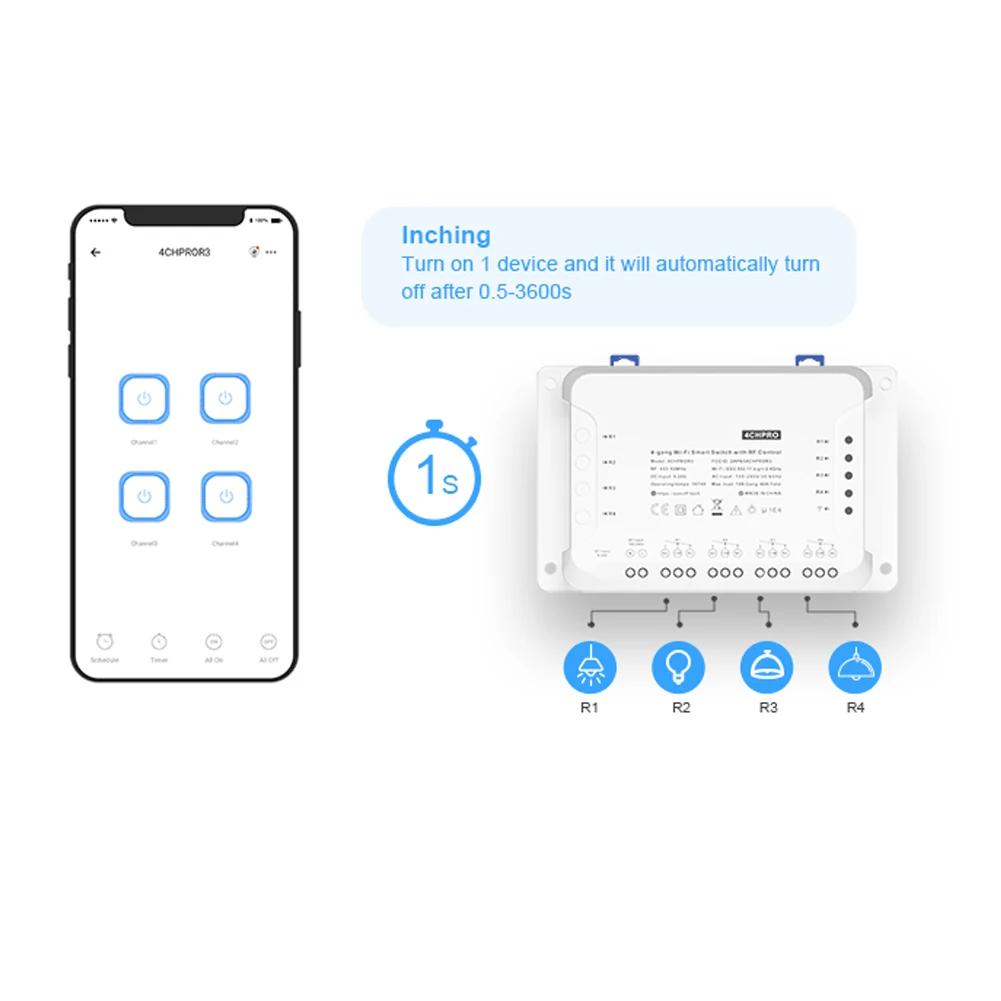 4-Channel PRO R3 Quad-Link Smart Switch Wifi Switch Module With 433Hz RF Remote Control And App Voice Control For Smart Home