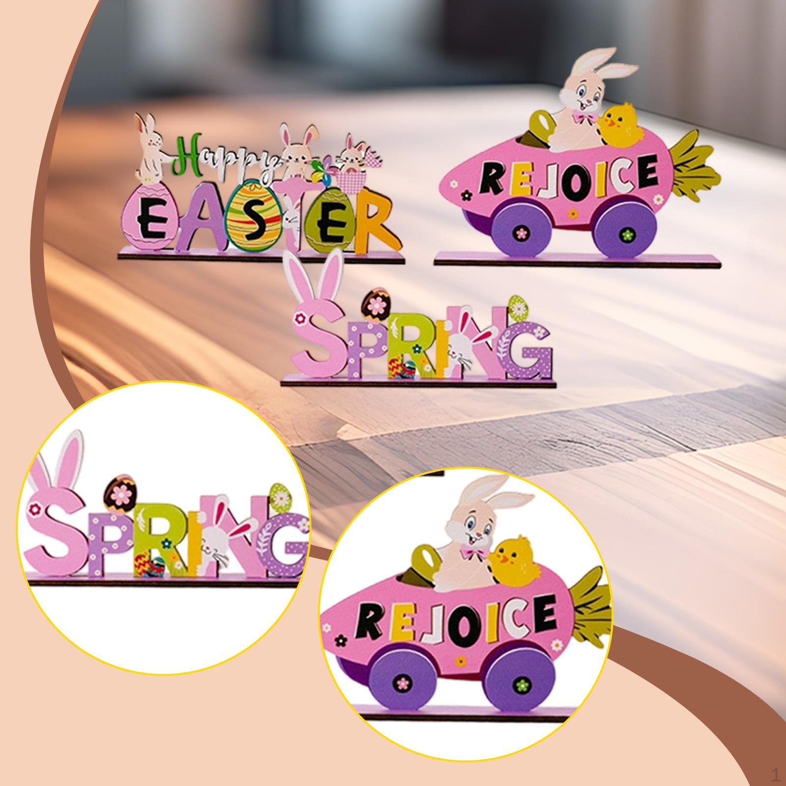 3x Easter Bunny Decoration Table Centerpiece Rustic Ornament Wooden Sign for Desk Housewarming