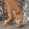 Mode Eilyken Neues Design Schmetterlingsknoten Eckige Zehenpartie Damen Hausschuhe Elegant PVC Transparent Kristall Runde Absätze Bankettschuhe