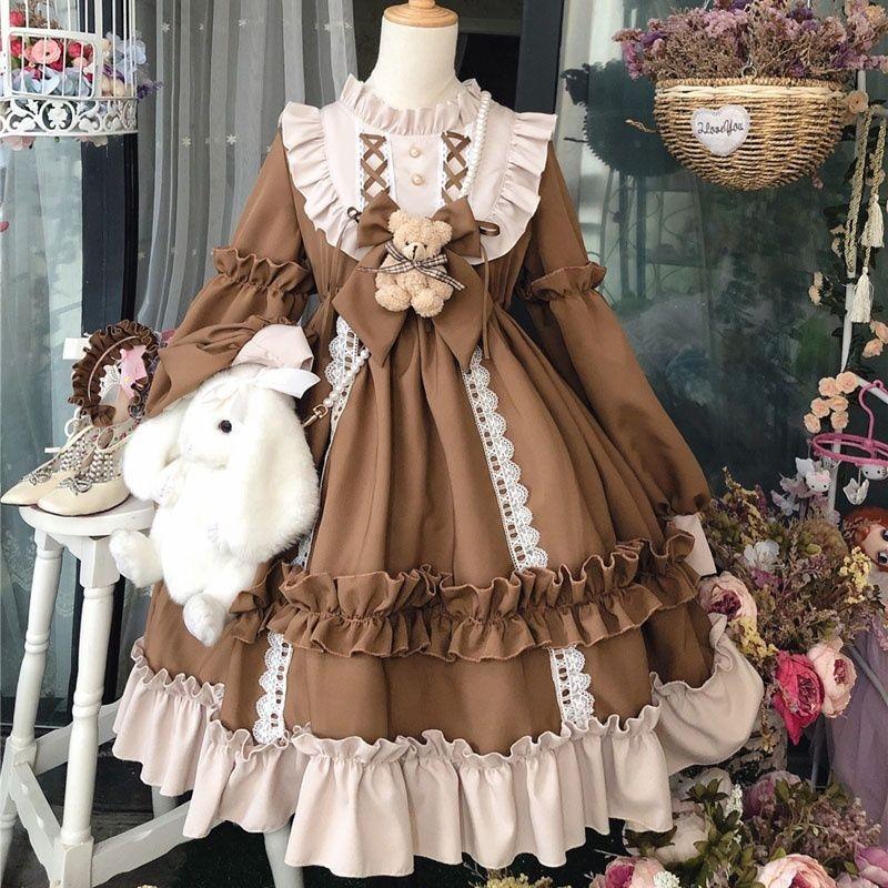 Japanese Fashion Bear Bow Detail Lolita Long Sleeve Dress Full Set New Loose Women Cute