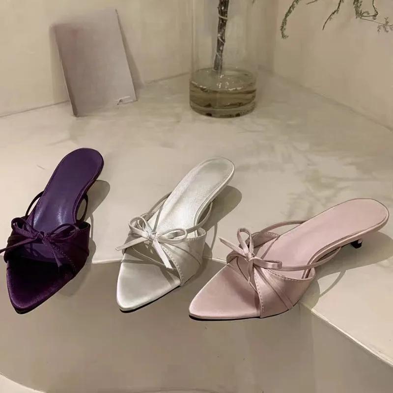 Fashion Summer New Rhinestone Mesh Pointed Toe Fish Mouth High Heels Stiletto Sexy One Word Outwear Half Slip Sandals