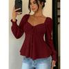 Women V Neck Drawstring Ruched Solid Color Loose Long Sleeve Casual T Shirt