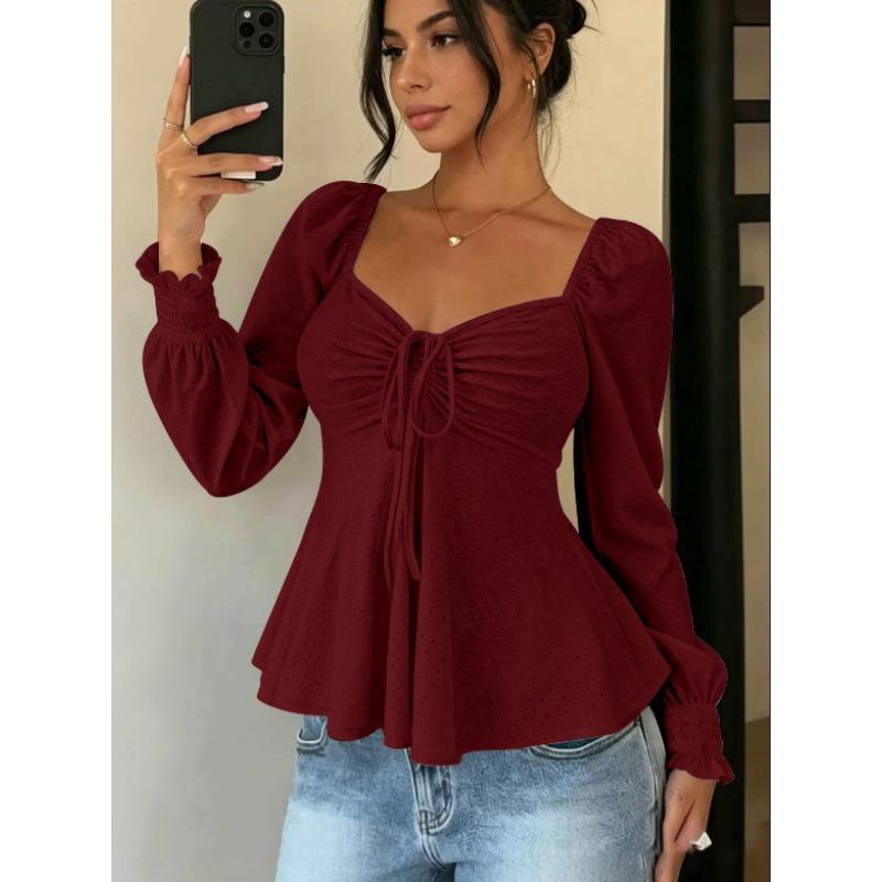 Women V Neck Drawstring Ruched Solid Color Loose Long Sleeve Casual T Shirt