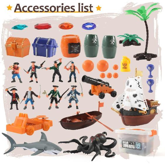 Pirate Action Figures Playset with Boat, Treasure Chest, Cannons, Shark, Pirate Ship Toys-Pirate Toy, 50 PCS Kids Pretend Adventure Set Figures,