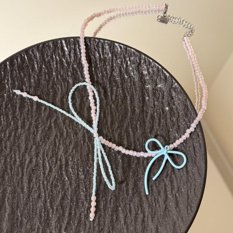 

opal rice bead bow pendant necklace small fresh collarbone chain sweet fashion simple jewelry