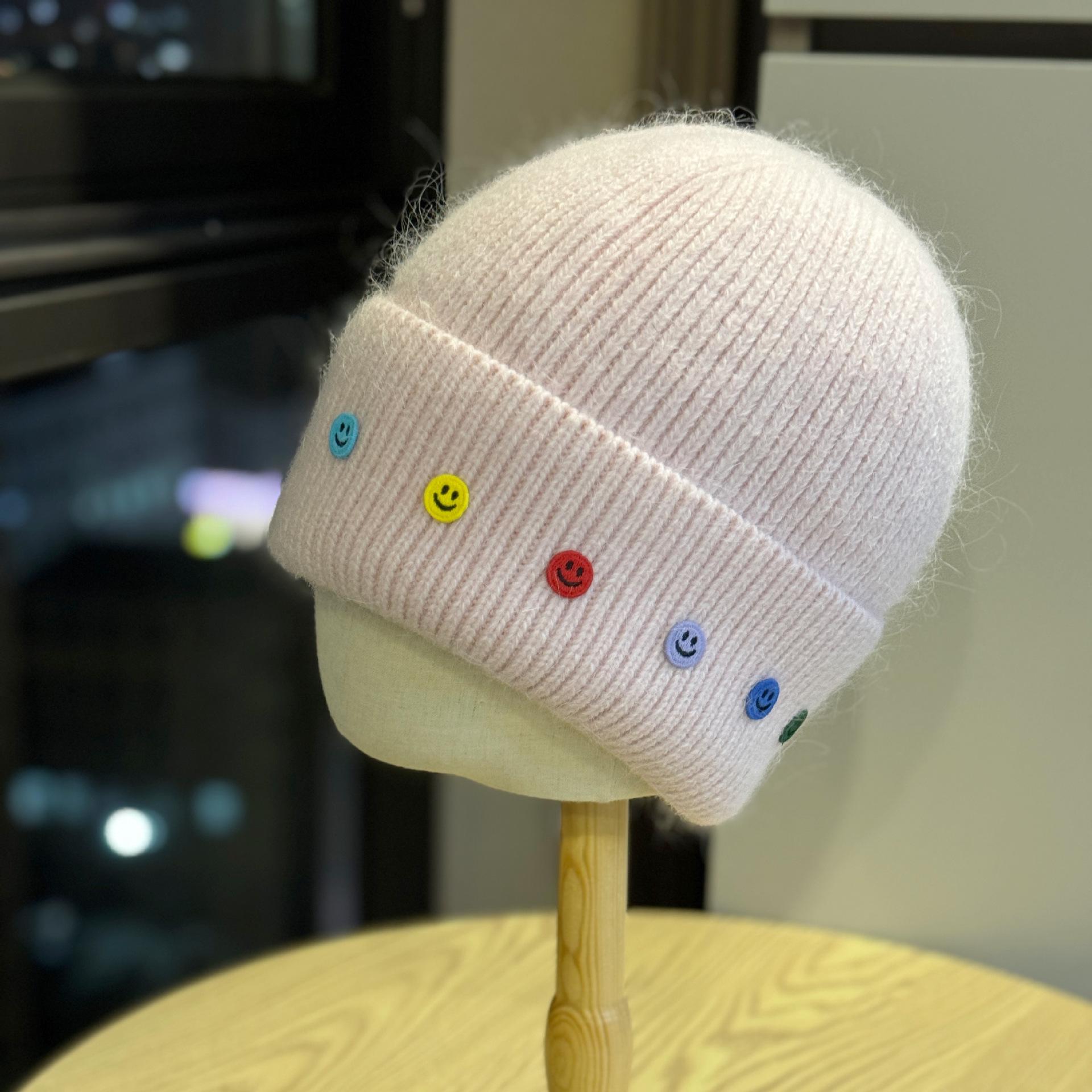 

Korean Style Small Smiley Face Embroidered Logo Rabbit Fur Woolen Hat for Women in Autumn and Winter Thickened Warm Knitted Hat for Men one size