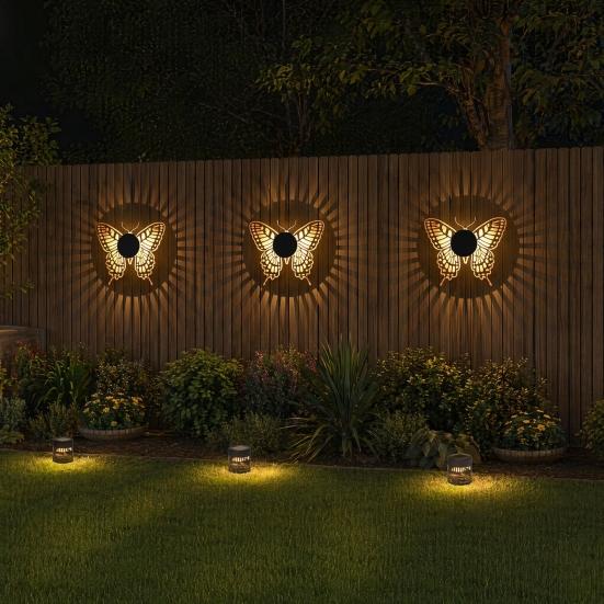 Solar Wall Light, Metal Butterfly Solar Light, Butterfly Pattern Projection Lamp, Outdoor Waterproof Fence Light for Yard Patio Garden Backyard Post