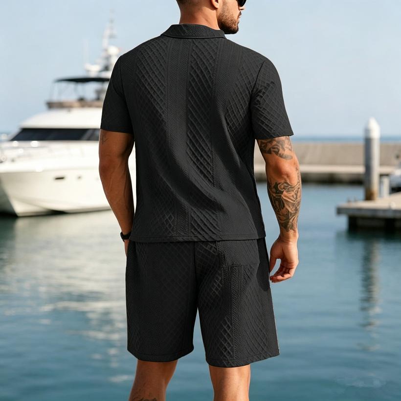 2026 Summer Fashion Sports Style Short Two Piece Set Men's Casual Solid Color Jacquard Short Sleeves Pullover POLO Shirt Shorts 2 Piece Sets