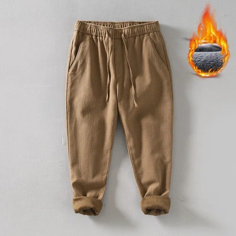 

Осенне-зимние теплые мужские брюки, повседневные теплые флисовые брюки, прямые брюки из хлопка и льна в китайском стиле с эластичной резинкой на талии XXXL хаки