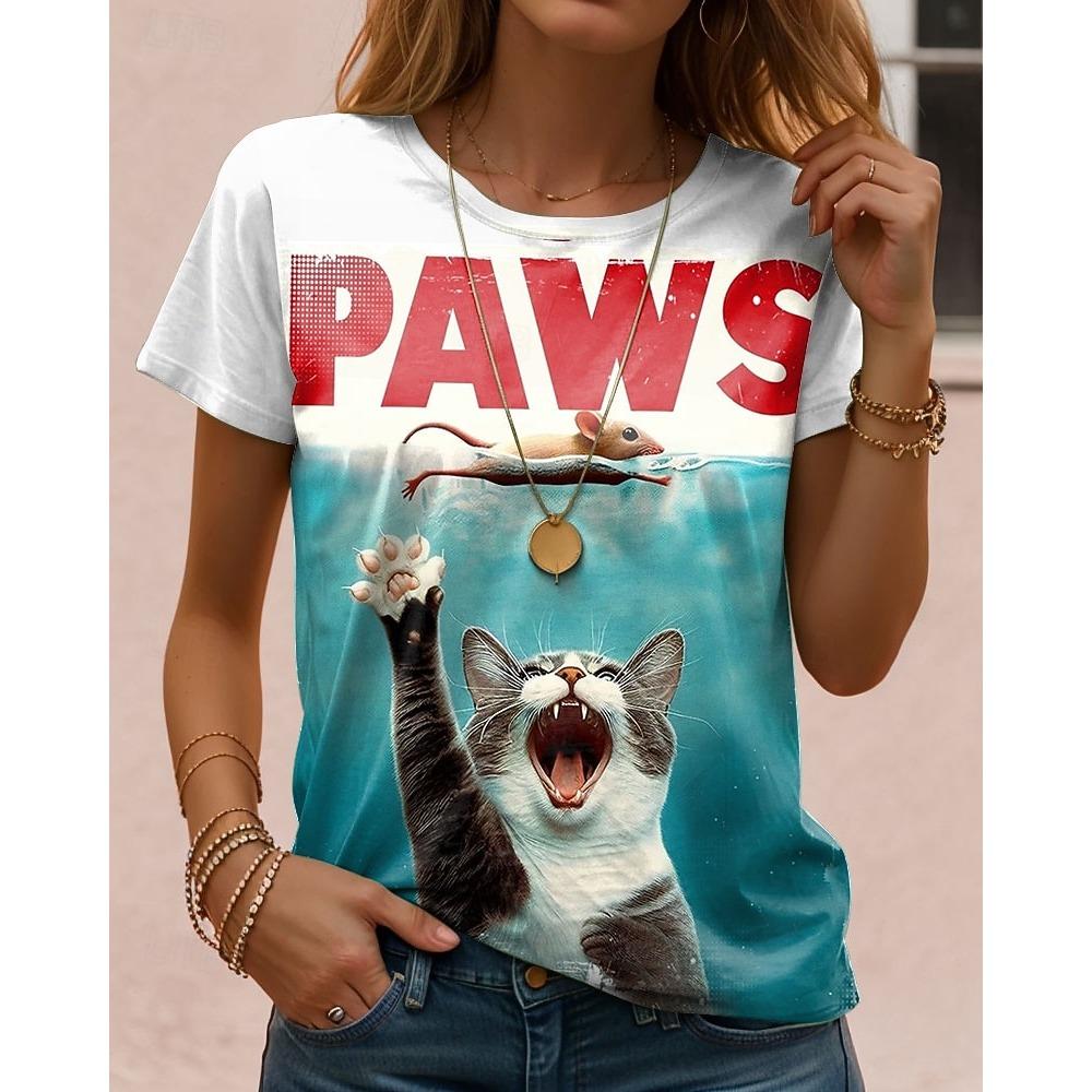 Women's T Shirt Print Graphic Cat Letter Vintage Stylish Classic Short Sleeve Crew Neck Regular Tops Daily