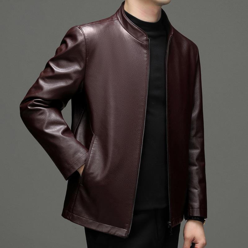 Spring, Autumn and Winter New Men's Leather Jackets, Middle-aged Men's Casual Slim Business Stand-up Collar Sheepskin Jackets Thick Coats
