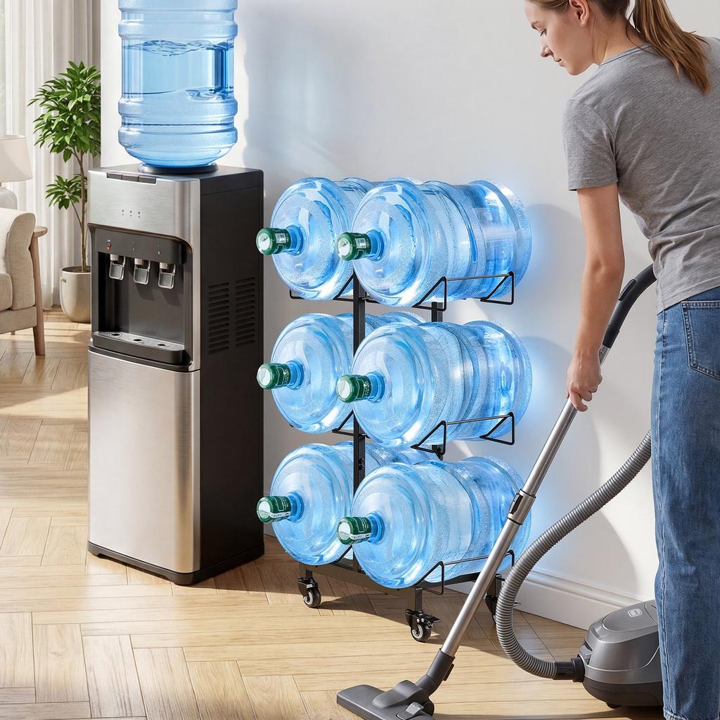 VEVOR Water Jug Holder, 3 Tiers Double Rows 11 L and 19 L Water Bottle Holder for 6 Bottles, Heavy Duty Jug Rack Organizer with Casters and Handles