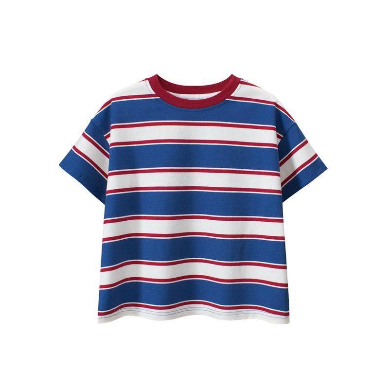 Children's Striped Short-Sleeve T-Shirt for Older Kids, European and American Style, Summer Korean Version, Loose Fit for Boys and Girls