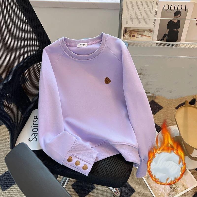 Autumn Winter New Womens Loose Hoodie Fleece Lined Thick Warm Casual Fashion Simple Versatile Crew Neck Top