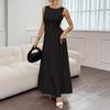 Damen Midi Sommerkleid Ärmellos Rundhalsausschnitt A-Linie Schwingendes Kleid Lässiges Plissiertes Fließendes Langes Trägerkleid