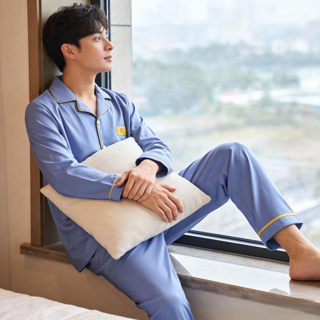 Herren Leichter Luxus Minimalistischer Pyjama - Frühling/Herbst, Langarm, Cardigan, Baumwollimitat, Lässig, Einfach, Lockere Passform, Große Größen Homewear.