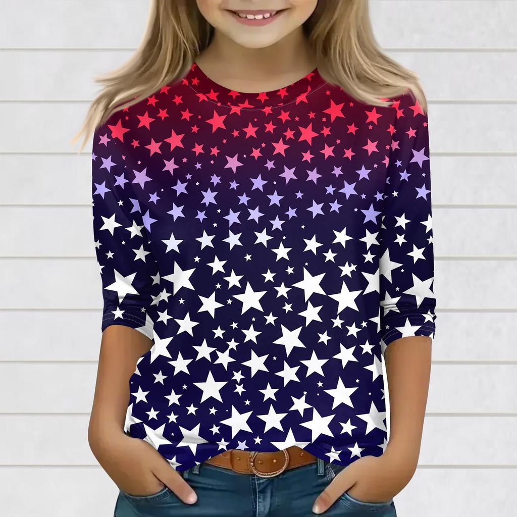 Print Tops For Youth Girls 3-10 Years Round Neck 3/4 Sleeves T-Shirts Trendy Tops Outfit Tees